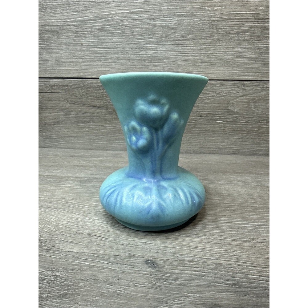 Van Briggle Art Pottery Turquoise Floral Tulip Vase, 5" tall ~ Colorado Springs